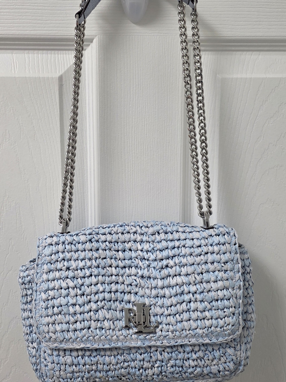 Ralph Lauren Light Blue and White Woven Raffia Shoulder Bag with Silver Chain